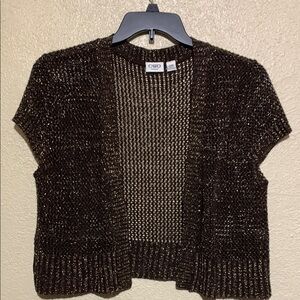 CATO Sweater Open Cardigan 18/20W Brown Gold Metallic Thread Short Cropped